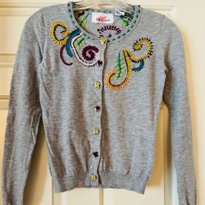 Anthropology Cardigan, Boho Colorful Embroidery including on Buttons